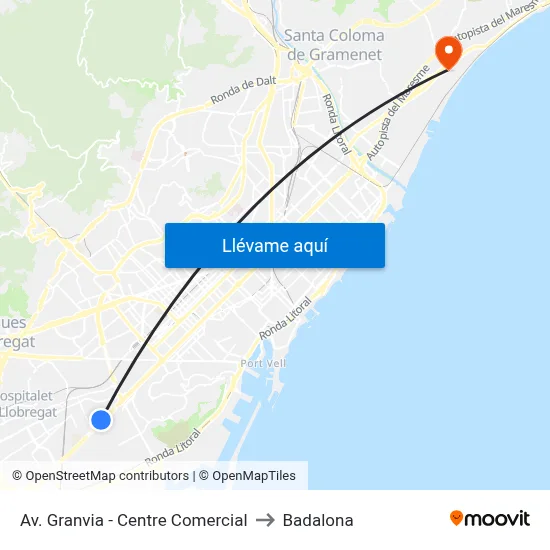 Av. Granvia - Centre Comercial to Badalona map