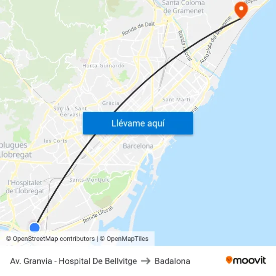 Av. Granvia - Hospital De Bellvitge to Badalona map