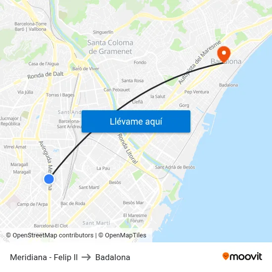 Meridiana - Felip Il to Badalona map