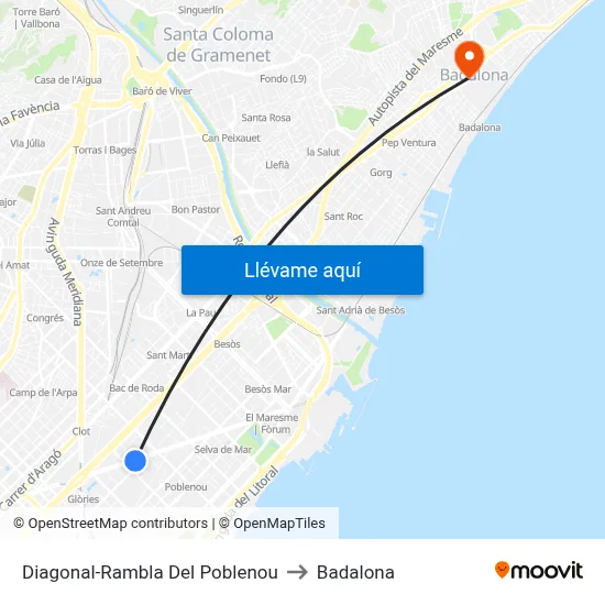 Diagonal-Rambla Del Poblenou to Badalona map