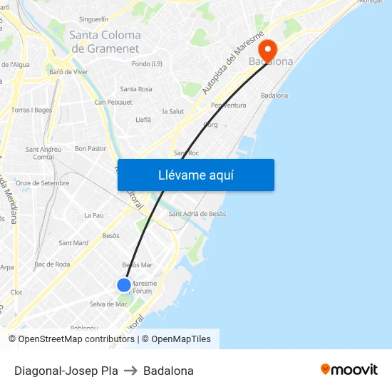 Diagonal-Josep Pla to Badalona map