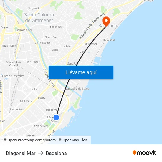 Diagonal Mar to Badalona map