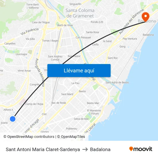 Sant Antoni Maria Claret-Sardenya to Badalona map