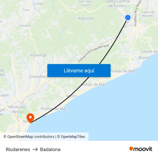 Riudarenes to Badalona map