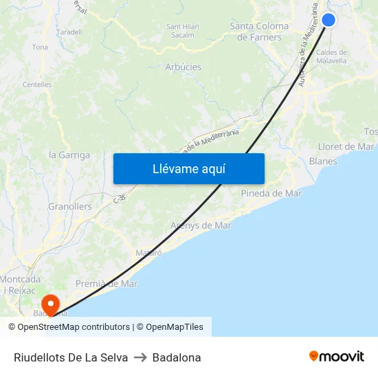 Riudellots De La Selva to Badalona map