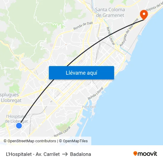 L'Hospitalet - Av. Carrilet to Badalona map