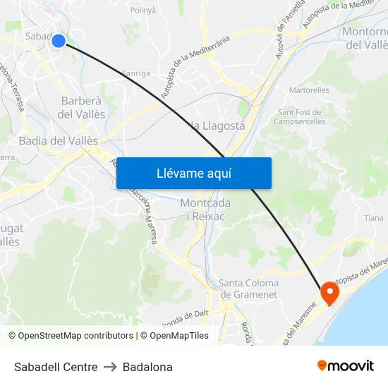 Sabadell Centre to Badalona map