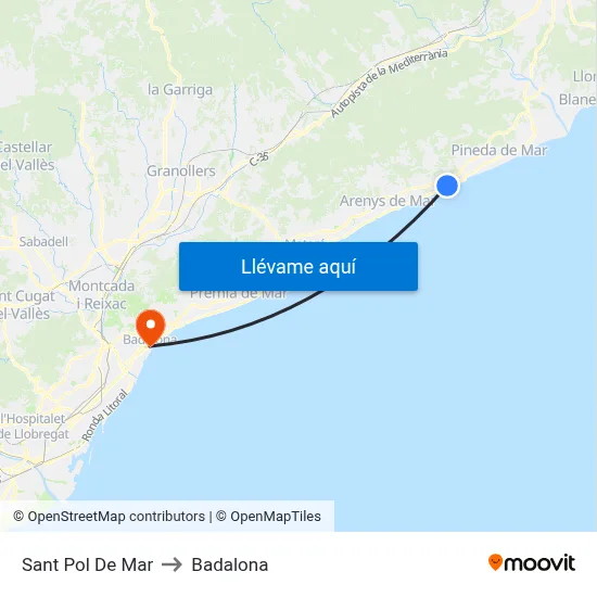 Sant Pol De Mar to Badalona map