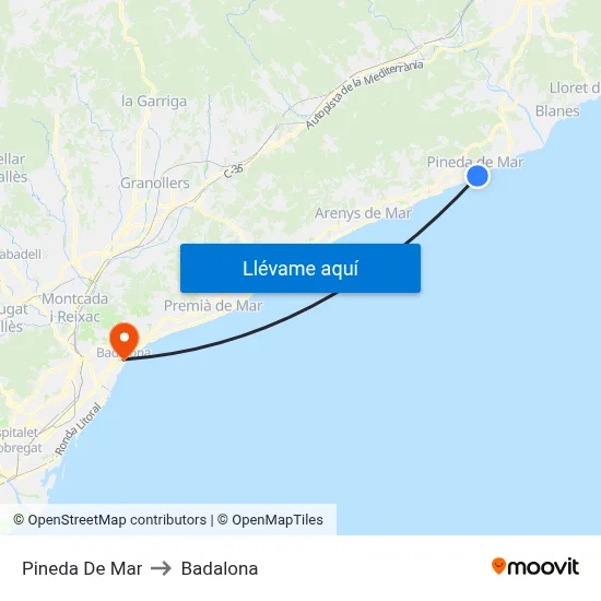 Pineda De Mar to Badalona map