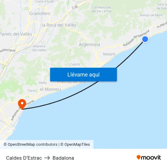Caldes D’Estrac to Badalona map
