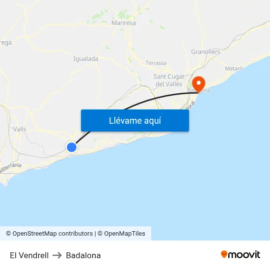 El Vendrell to Badalona map