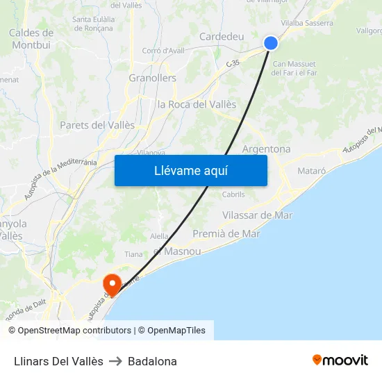 Llinars Del Vallès to Badalona map