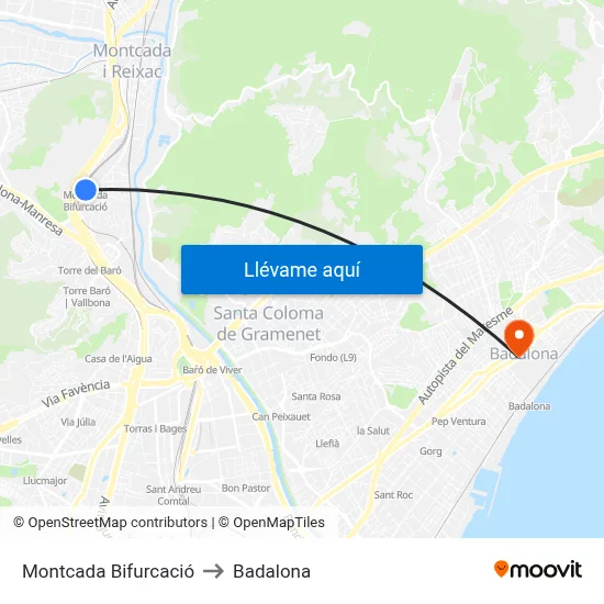 Montcada Bifurcació to Badalona map