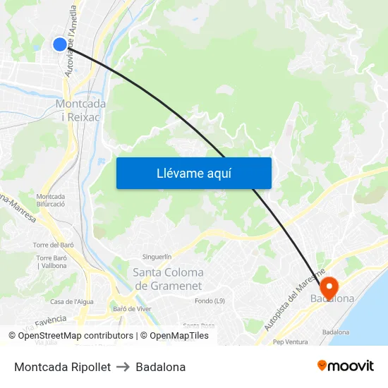 Montcada Ripollet to Badalona map
