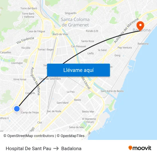 Hospital De Sant Pau to Badalona map