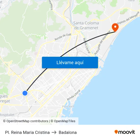 Pl. Reina Maria Cristina to Badalona map