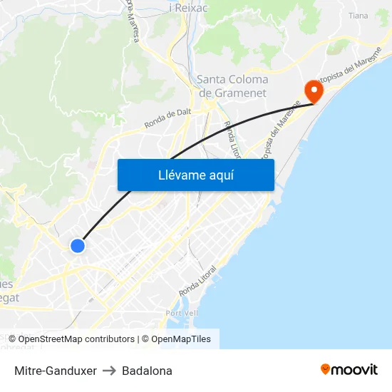 Mitre-Ganduxer to Badalona map