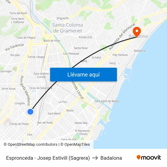 Espronceda - Josep Estivill (Sagrera) to Badalona map