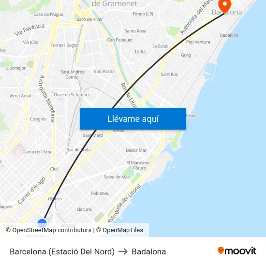 Barcelona (Estació Del Nord) to Badalona map