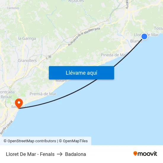 Lloret De Mar - Fenals to Badalona map