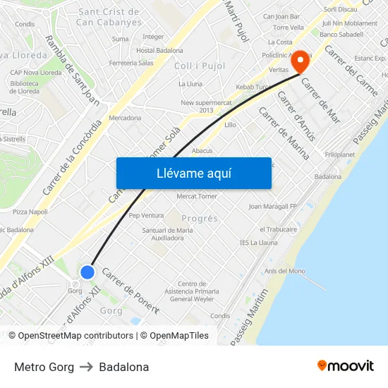Metro Gorg to Badalona map