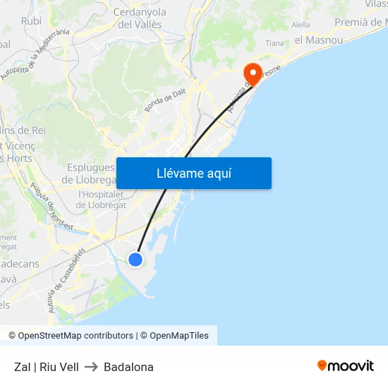 Zal | Riu Vell to Badalona map