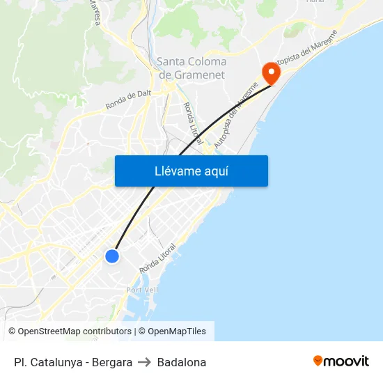 Pl. Catalunya - Bergara to Badalona map