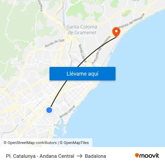 Pl. Catalunya - Andana Central to Badalona map