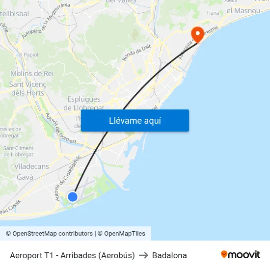 Aeroport T1 - Arribades (Aerobús) to Badalona map
