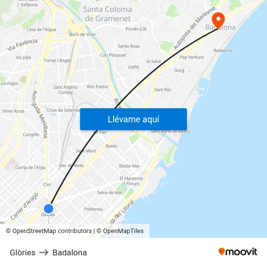 Glòries to Badalona map