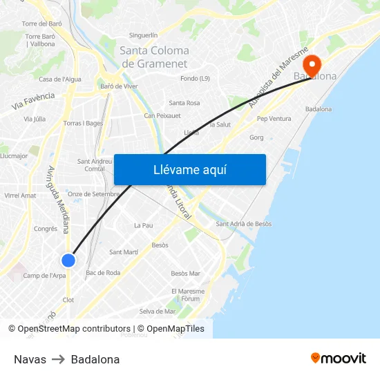 Navas to Badalona map