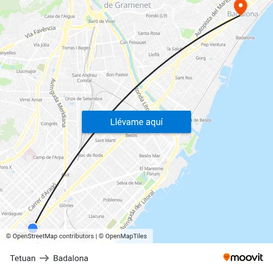 Tetuan to Badalona map