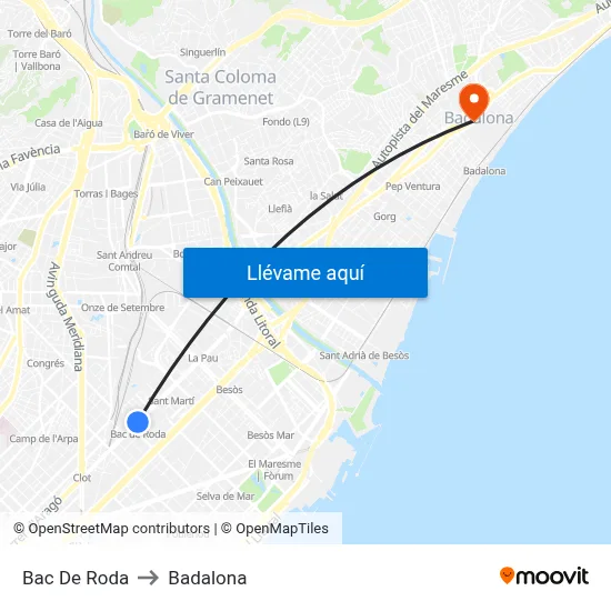 Bac De Roda to Badalona map
