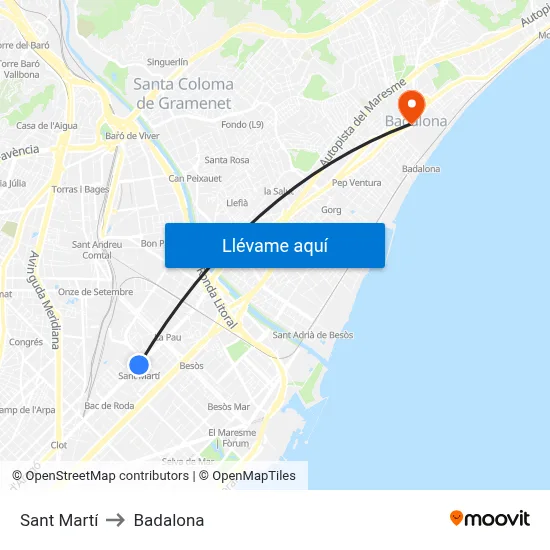 Sant Martí to Badalona map