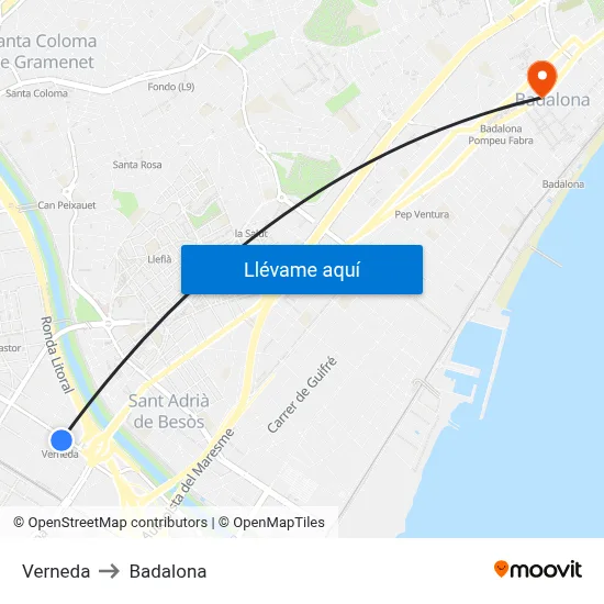 Verneda to Badalona map