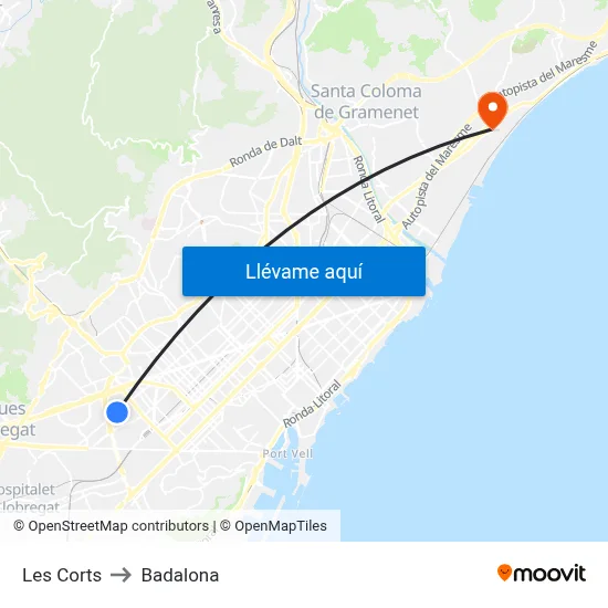 Les Corts to Badalona map