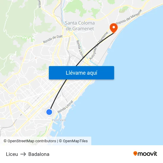 Liceu to Badalona map