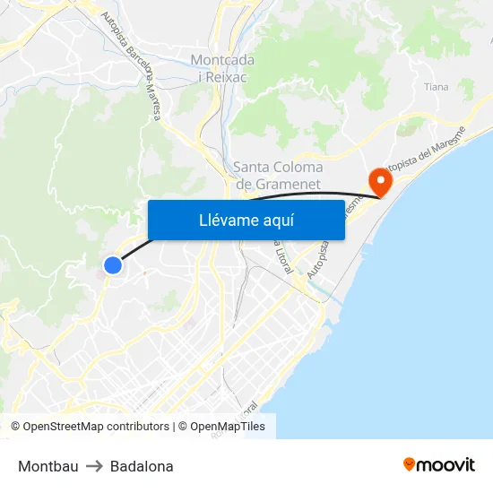 Montbau to Badalona map