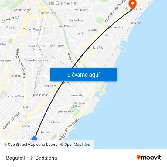 Bogatell to Badalona map