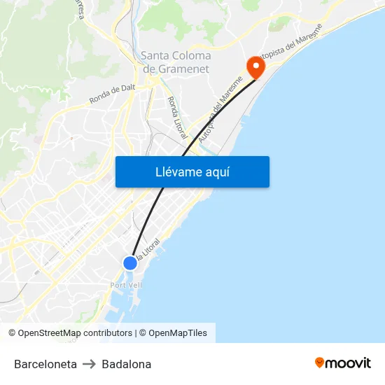 Barceloneta to Badalona map