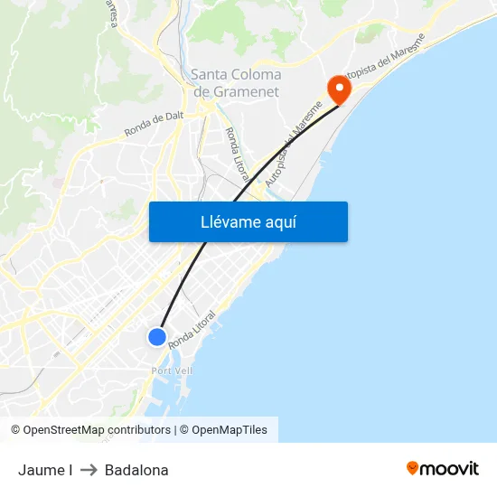 Jaume I to Badalona map