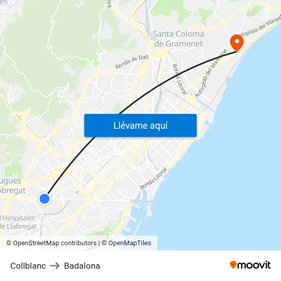 Collblanc to Badalona map