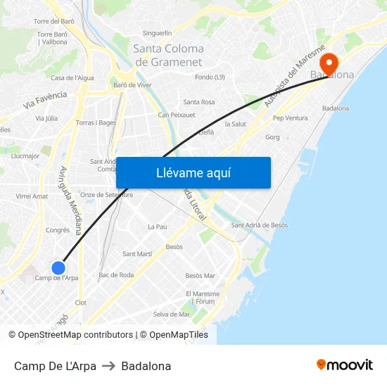 Camp De L'Arpa to Badalona map