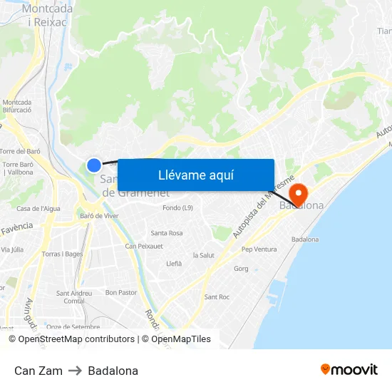 Can Zam to Badalona map