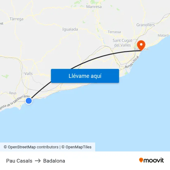 Pau Casals to Badalona map