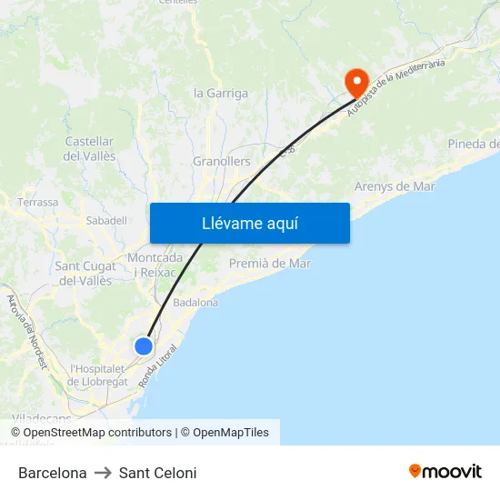 Barcelona to Sant Celoni map