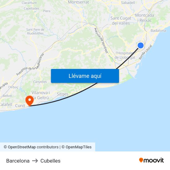 Barcelona to Cubelles map