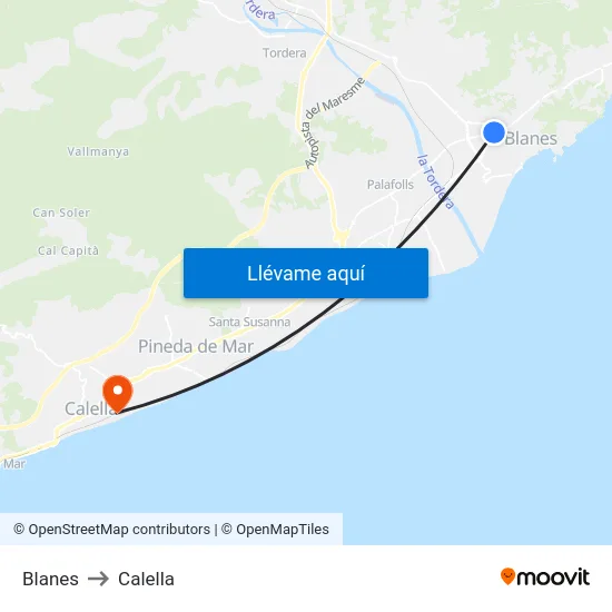 Blanes to Calella map