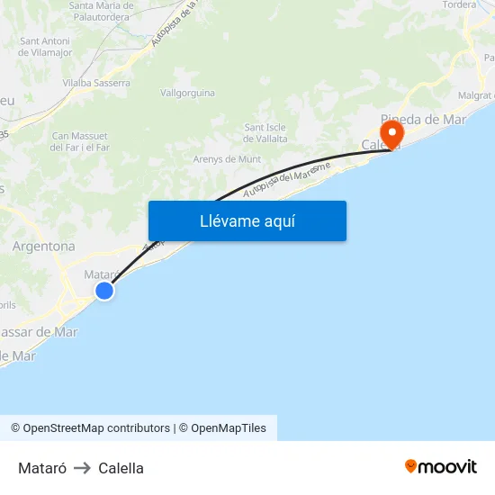 Mataró to Calella map