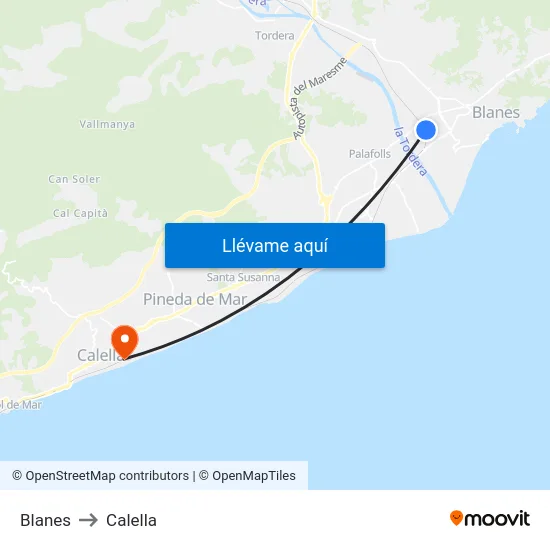 Blanes to Calella map